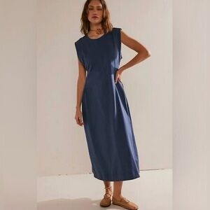Free People Beach Simone Midi Slate Blue Size Small 100% Cotton Cut Out Back